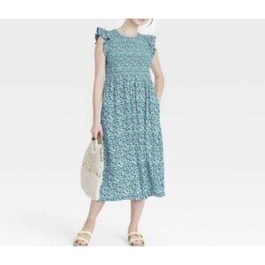 A New Day Women’s Floral Smocked Open Back Midi Dress with Pockets Plus Size 2XL